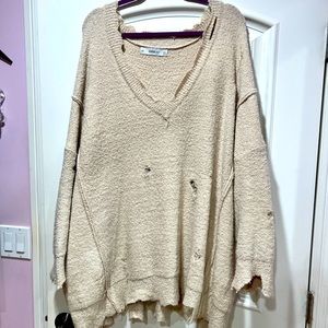 Zara Distressed Cream V-Neck Knit Sweater